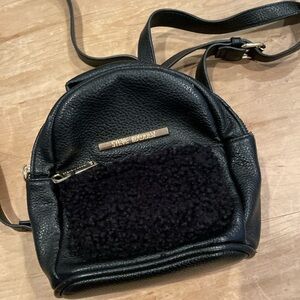 Steve Madden Black Gold backpack purse travel bag faux pebbled leather sherpa